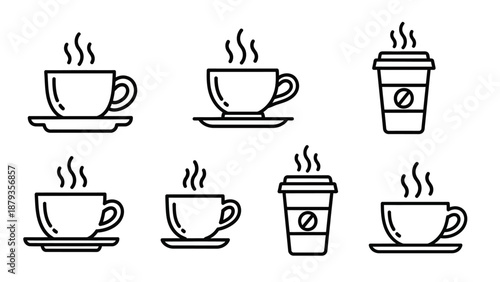 A collection of simple line art icons representing hot beverages in cups and to-go containers.