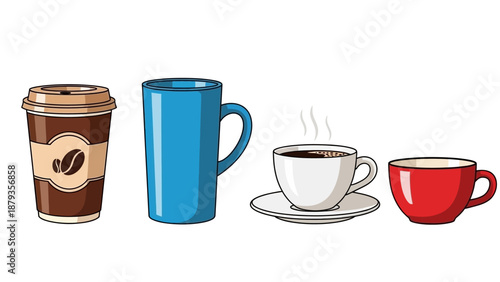 A collection of four different types of coffee cups and mugs, including a disposable coffee cup, a tall blue mug, a steaming white teacup with a saucer, and a small red teacup.