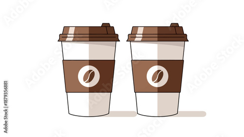 Two disposable coffee cups with brown lids and sleeves, featuring a coffee bean logo, isolated on a white background.