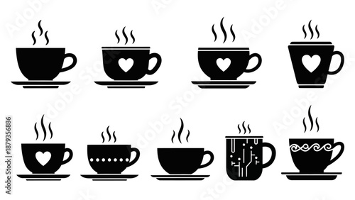 A collection of eight black silhouette coffee cups with steam rising, each with a unique design, including hearts and geometric patterns.