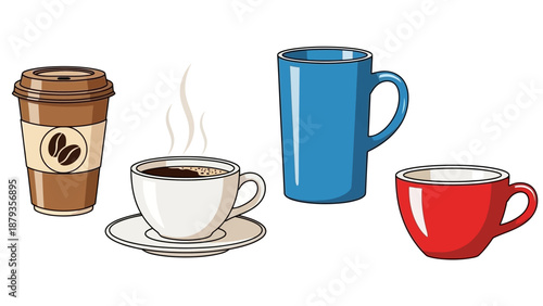 A collection of various coffee cups and mugs, including a disposable coffee cup, a steaming ceramic cup with a saucer, a tall blue mug, and a small red cup.