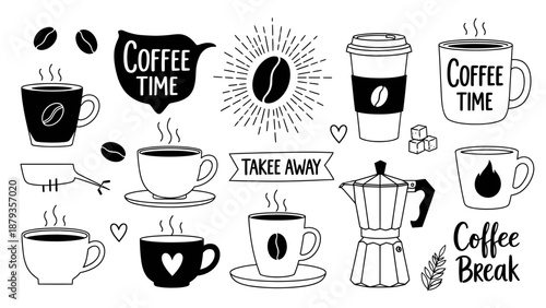 A collection of hand-drawn coffee-related illustrations, including cups, beans, a moka pot, and text elements like "Coffee Time" and "Take Away".