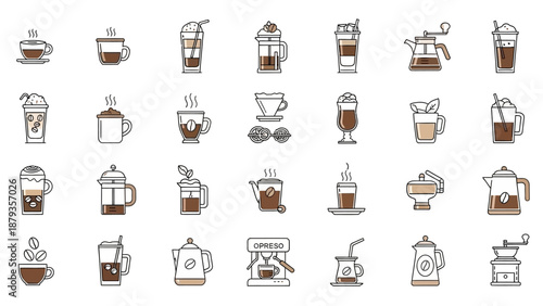 A collection of 30 diverse coffee-related icons, showcasing various brewing methods, coffee drinks, and accessories.