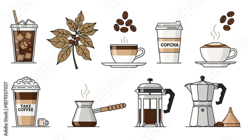 A collection of various coffee drinks and brewing methods, including iced coffee, lattes, espresso, and coffee makers.