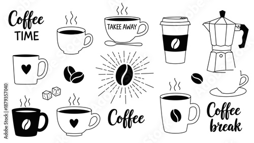 A collection of hand-drawn illustrations featuring various coffee cups, coffee beans, and related elements, perfect for cafe or beverage-themed designs.