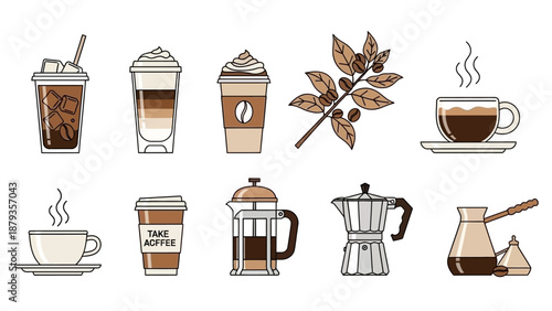 A collection of various coffee drinks and brewing methods, including iced coffee, lattes, espresso, and French press.