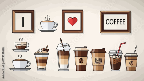 A collection of various coffee drinks and framed artwork, including a cappuccino, latte, iced coffee, and a framed 'COFFEE' sign.