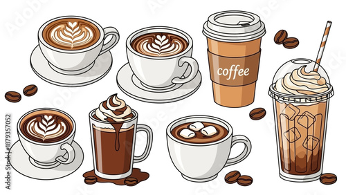 A collection of various coffee drinks, including lattes, cappuccinos, and iced coffee, presented in different cups and mugs.
