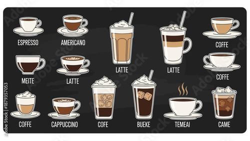A detailed illustration showcasing a variety of popular coffee drinks, including espresso, americano, latte, mocha, cappuccino, and more, presented on a chalkboard background.