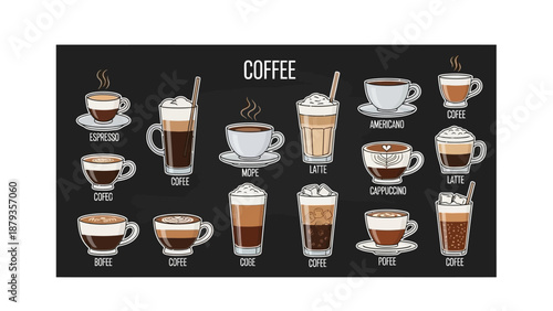 A comprehensive visual guide showcasing various popular coffee drinks with their names labeled below each illustration.