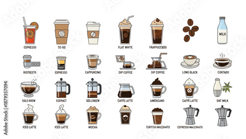 A comprehensive collection of various coffee drinks and brewing methods illustrated in a clean, flat design style.