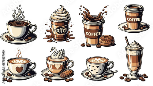 A collection of eight distinct coffee drinks, showcasing various preparations and artistic latte art.