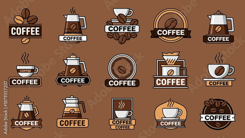 A collection of 15 coffee-themed logos and icons, featuring coffee beans, cups, and brewing equipment on a brown background.