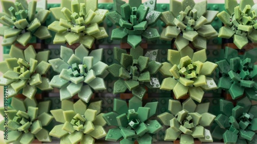 Close up view of small green succulent plants constructed from toy building blocks