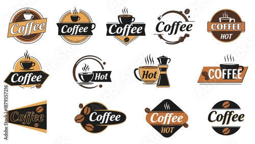 Collection of coffee-themed logos and emblems featuring cups, beans, and steam, suitable for branding.