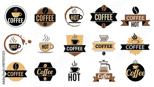 Collection of coffee logos and emblems featuring cups, beans, and brewing equipment.