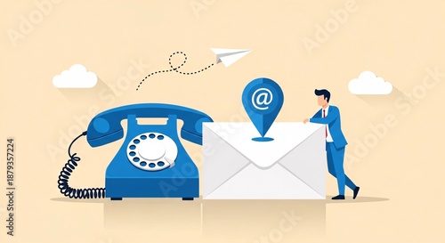 Businesswoman standing next to large envelope with email icon and vintage rotary phone on a beige background with clouds representing communication and technology