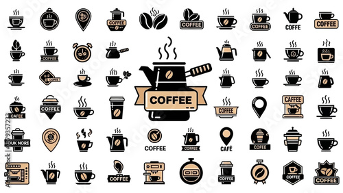 A large collection of diverse coffee-related icons and symbols, perfect for branding and design projects.