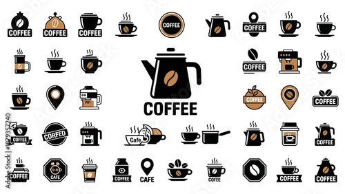 A large collection of coffee-related icons and logos, featuring various coffee cups, pots, beans, and brewing machines.