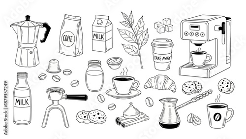 A detailed hand-drawn illustration showcasing a variety of coffee-related items, including brewing equipment, beverages, and pastries.