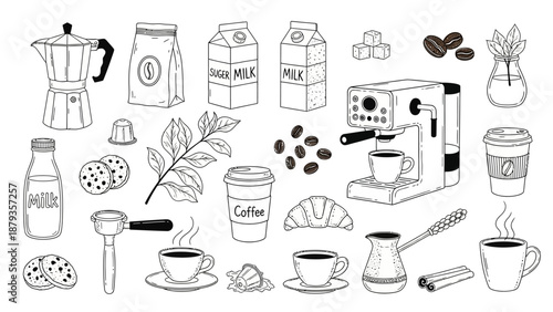 A detailed hand-drawn illustration featuring various coffee-related items, including brewing equipment, beverages, and accompaniments.