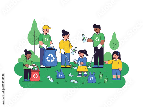 Group of people participating in community cleanup event outdoors together in a green park