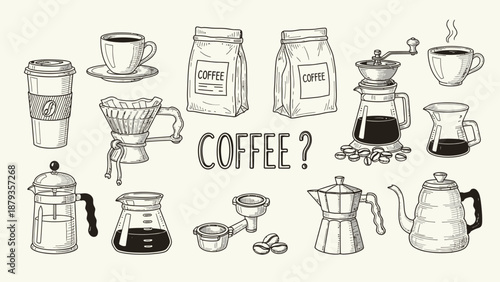A detailed illustration showcasing various coffee brewing methods and accessories, including a French press, pour-over, Moka pot, and coffee bags.
