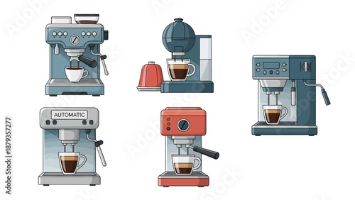 A collection of five different types of espresso machines, each brewing a cup of coffee.