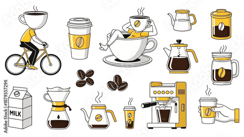 A vibrant collection of coffee-themed illustrations featuring a cyclist, a relaxing figure in a coffee cup, brewing equipment, and various coffee drinks.