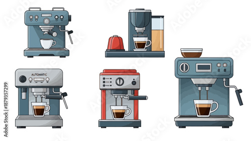A collection of five different types of modern espresso machines, each brewing a cup of coffee.