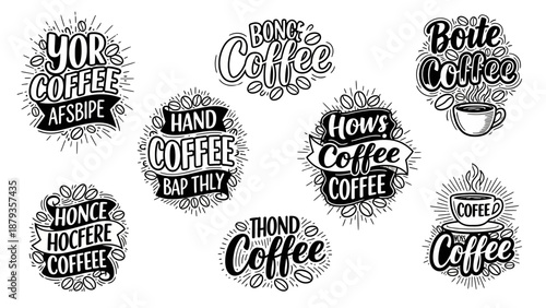 A collection of hand-drawn lettering designs featuring the word "Coffee" in various artistic styles, accompanied by coffee beans and cups.