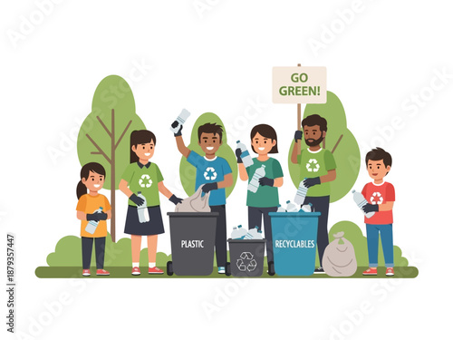 Group of people recycling together outdoors, promoting eco-friendly practices and sustainability in a community environment from a frontal viewpoint.