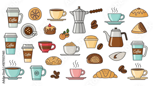 A vibrant collection of coffee-themed illustrations, featuring various cups, mugs, pastries, and brewing equipment.