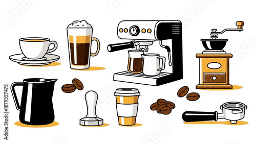 A collection of coffee-making equipment and beverages, including an espresso machine, grinder, cups, and coffee beans.