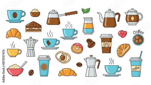 A vibrant collection of coffee-related illustrations, including cups, pastries, and brewing equipment, presented in a flat design style.