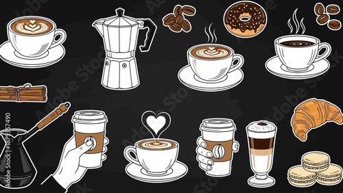 A collection of various coffee-related items and pastries arranged on a dark background, including cups, a moka pot, a croissant, and macarons.