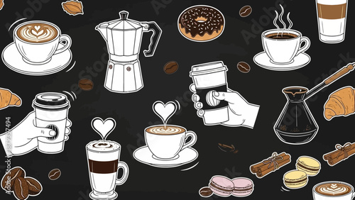 A vibrant and detailed illustration showcasing a variety of coffee-related items and treats on a dark background.