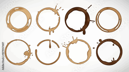 Collection of eight coffee cup rings with splashes and drips on a white background.