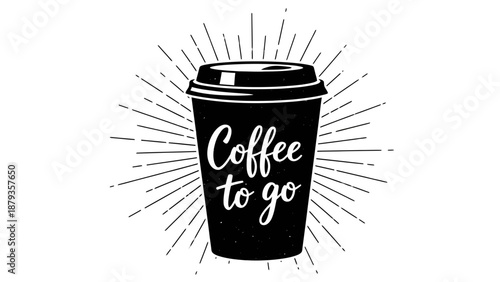 A black coffee cup with the words "Coffee to go" written in white script, set against a background of radiating lines.