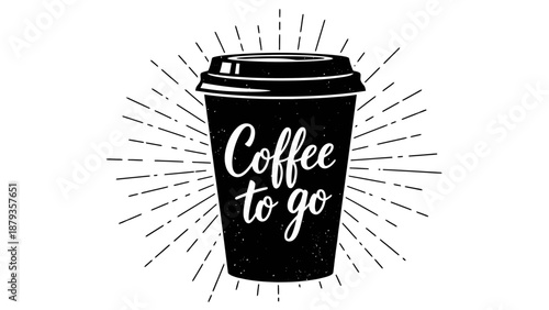 A black coffee cup with the words "Coffee to go" written on it, set against a background of radiating lines.