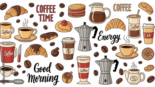 A vibrant collection of coffee-themed illustrations featuring various coffee cups, croissants, pastries, and coffee beans, with text elements like 'Coffee Time' and 'Good Morning'.