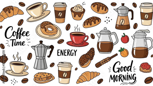 A delightful collection of coffee-themed illustrations featuring various coffee cups, pastries, and brewing equipment, perfect for a morning boost.