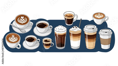 A collection of various coffee drinks, including lattes, espressos, and iced coffees, presented in different cups and mugs.