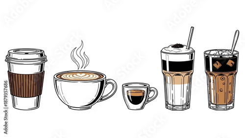 A collection of various coffee drinks, including a to-go cup, a steaming latte, a small espresso, and two layered iced coffees.