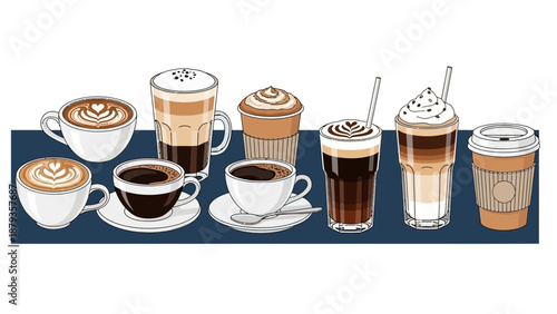 A diverse collection of coffee drinks, including lattes, cappuccinos, and espressos, presented in various cups and glasses.
