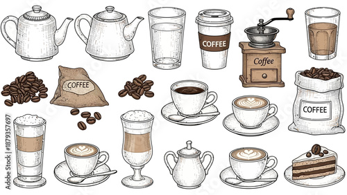 A detailed illustration showcasing a variety of coffee-related items, including teapots, cups, a grinder, coffee beans, and a slice of cake.