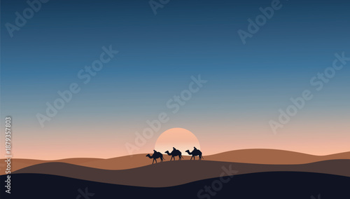 Desert Caravan at Sunset for Eid, Ramadan and Islamic design. 