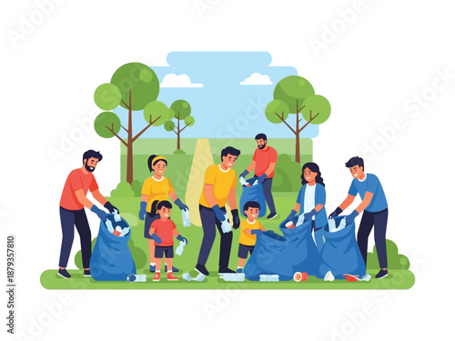 Community volunteers participating in park cleanup event together outdoors with trash bags