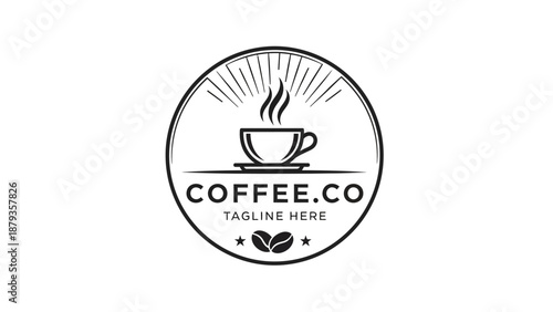 A minimalist black and white circular logo featuring a steaming coffee cup above the text "COFFEE.CO" and two coffee beans.