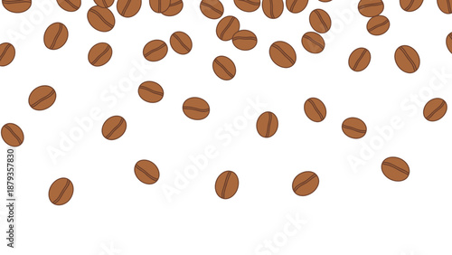 A scattering of roasted coffee beans falling from the top of the frame against a white background.